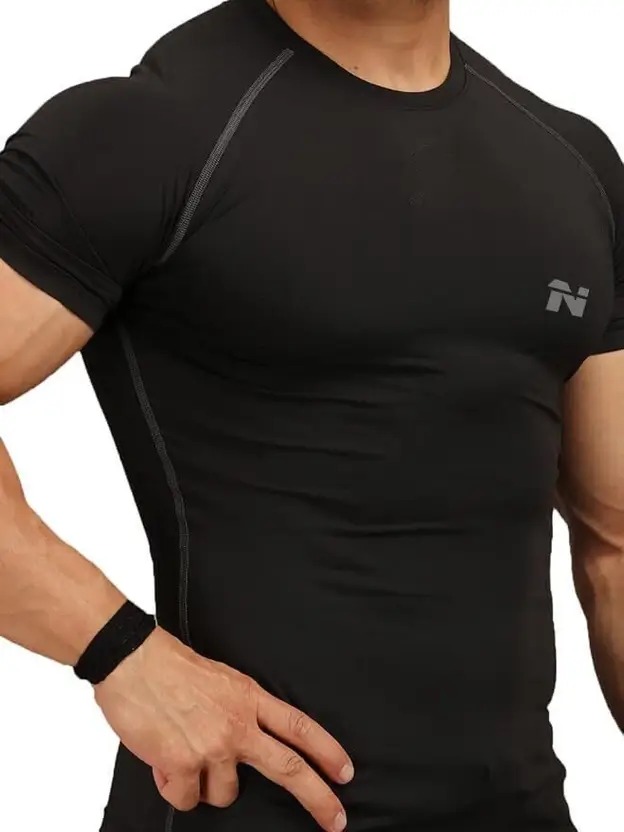 Men Solid Round Neck Nylon Black T-Shirt - Image 3