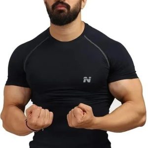 Men Solid Round Neck Nylon Black T-Shirt