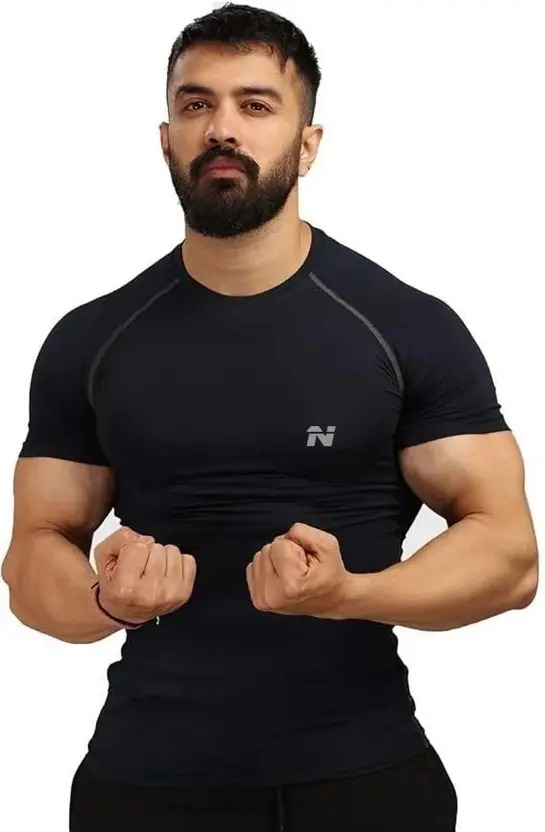 Men Solid Round Neck Nylon Black T-Shirt