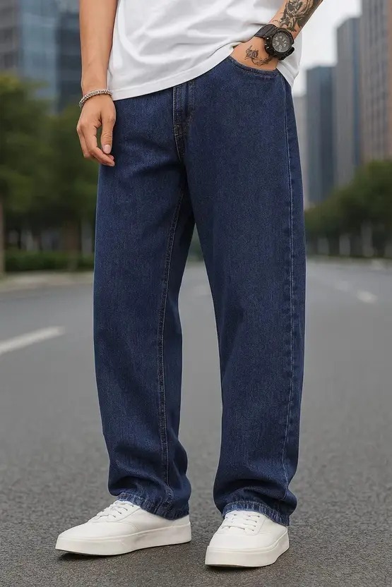Men Loose Fit Low Rise Dark Blue Jeans - Image 4