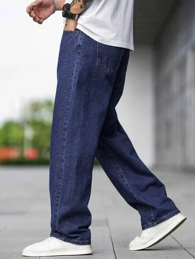 Men Loose Fit Low Rise Dark Blue Jeans